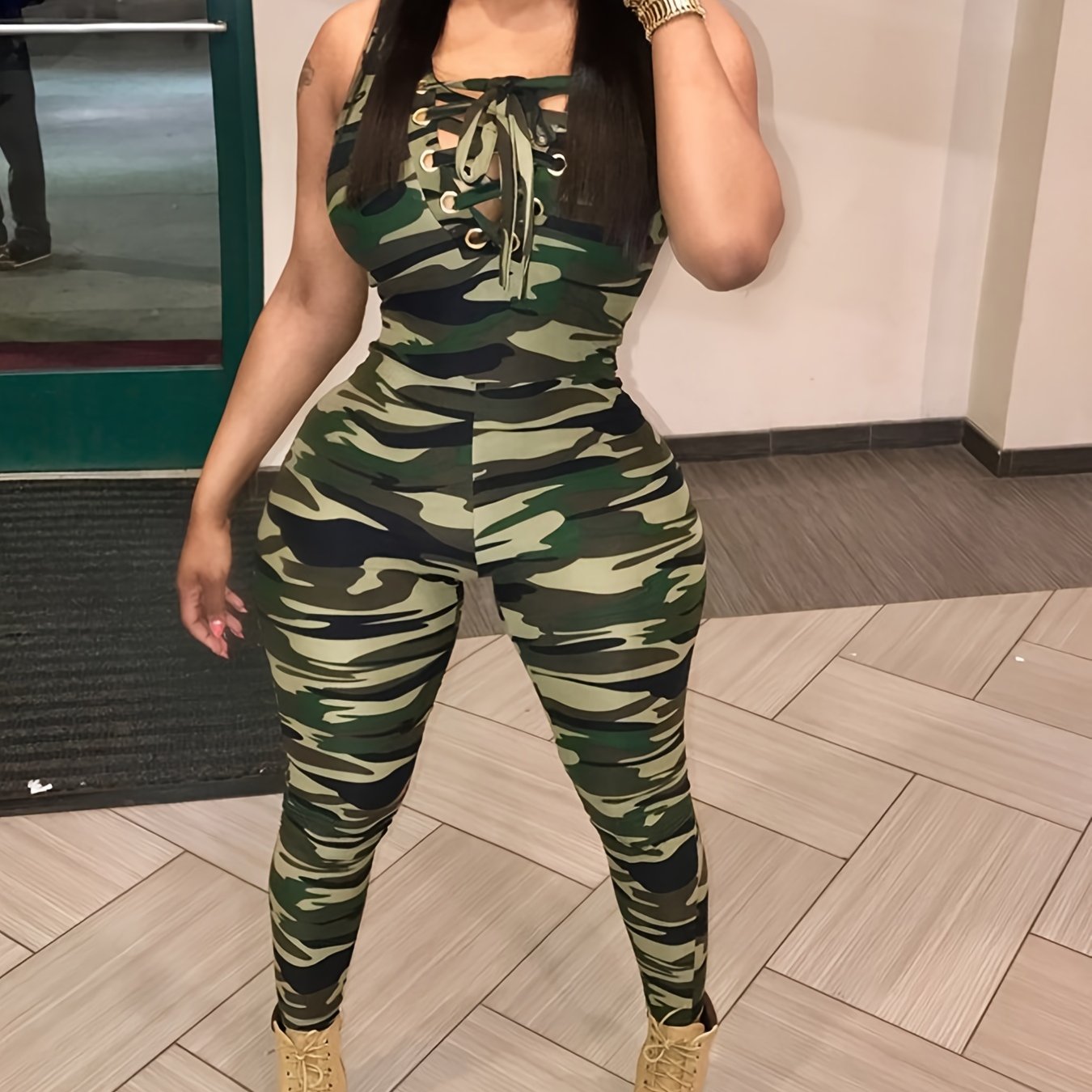 Sleeveless Leopard Print Sexy Jumpsuit, Skinny Camouflage Knitted Jumpsuit, Women's Clothing -