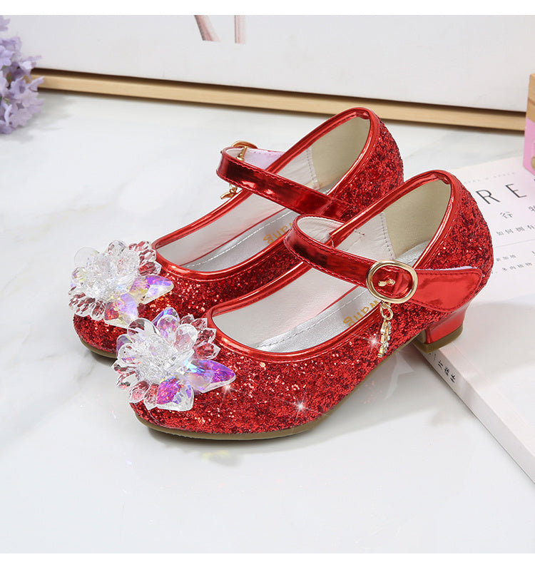 Girls' Elsa Princess High Heel Pumps - Sparkling Glitter Block Heel Shoes with Floral Embellishments, Lightweight Faux Cover for Spring & Fall, Weddings, Parties, Casual Wear, Shoes for Girls, Wedding Guest Shoes, Elegant Sho -