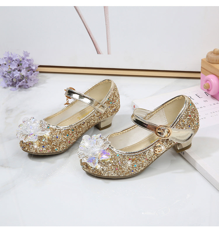 Girls' Elsa Princess High Heel Pumps - Sparkling Glitter Block Heel Shoes with Floral Embellishments, Lightweight Faux Cover for Spring & Fall, Weddings, Parties, Casual Wear, Shoes for Girls, Wedding Guest Shoes, Elegant Sho -