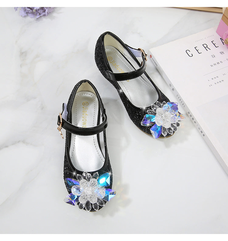 Girls' Elsa Princess High Heel Pumps - Sparkling Glitter Block Heel Shoes with Floral Embellishments, Lightweight Faux Cover for Spring & Fall, Weddings, Parties, Casual Wear, Shoes for Girls, Wedding Guest Shoes, Elegant Sho -