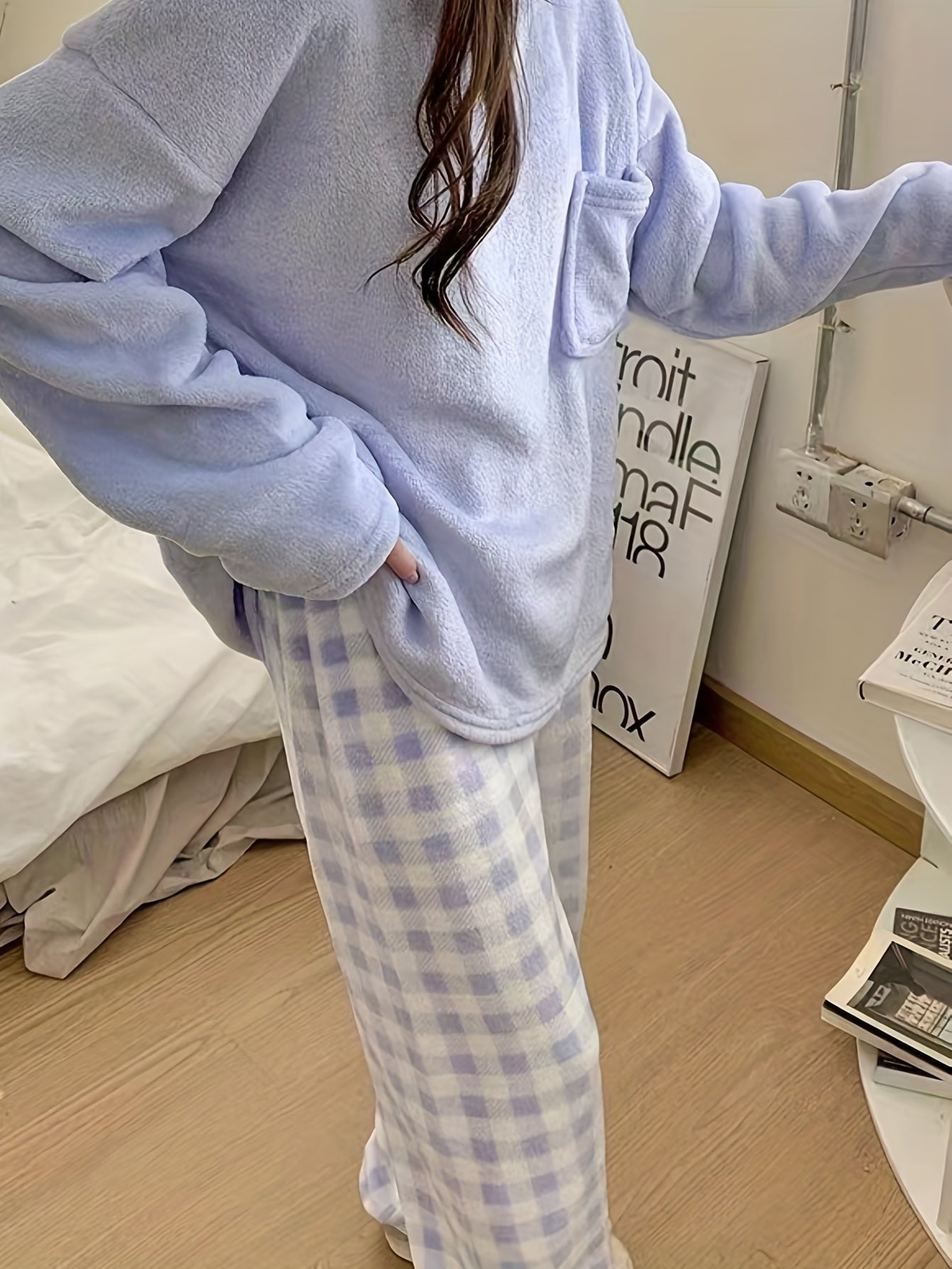 Winter Warm Velvet Pajama Set, Plaid Pattern Pajama, Solid Color Casual Home Wear Set -