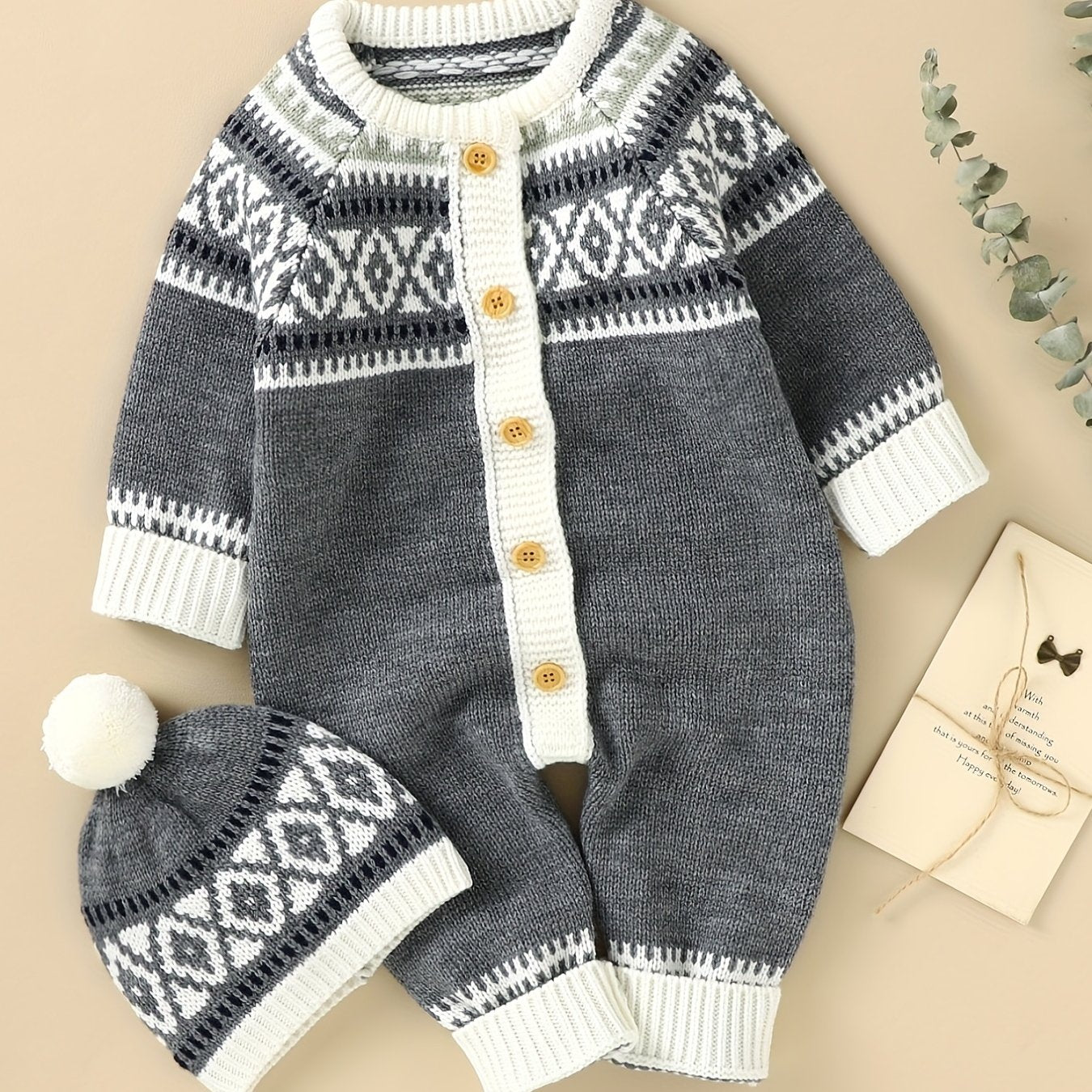 Newborn Infant Geometric Pattern Sweater Romper Long Sleeve Button Jumpsuit & Hat For Toddler Baby Boys And Girls, Suitable For Indoor And Outdoor Wear -