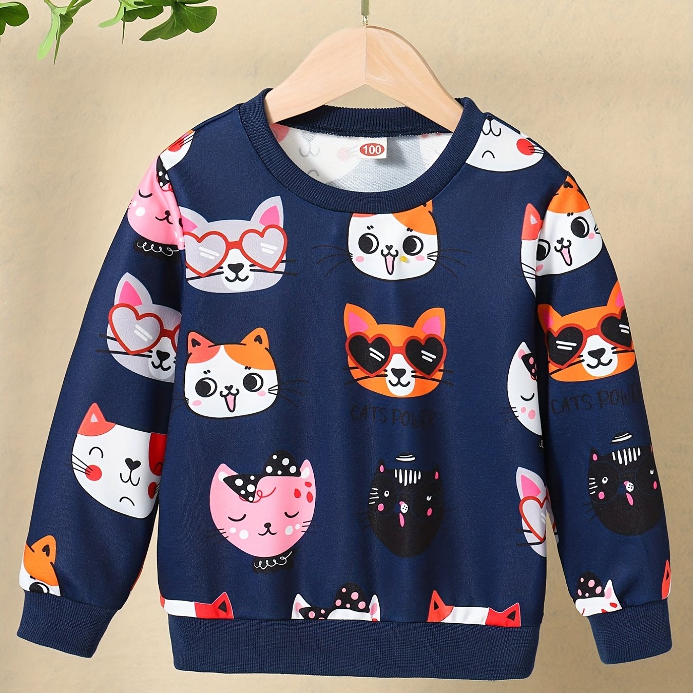 HWMFSNHFZ Girls' Lightweight Long Sleeve Cartoon Cat Print Sweatshirt - Soft Pink Crew Neck Casual Pullover for Spring & Fall, All-Season Comfort, Cute Sweaters -