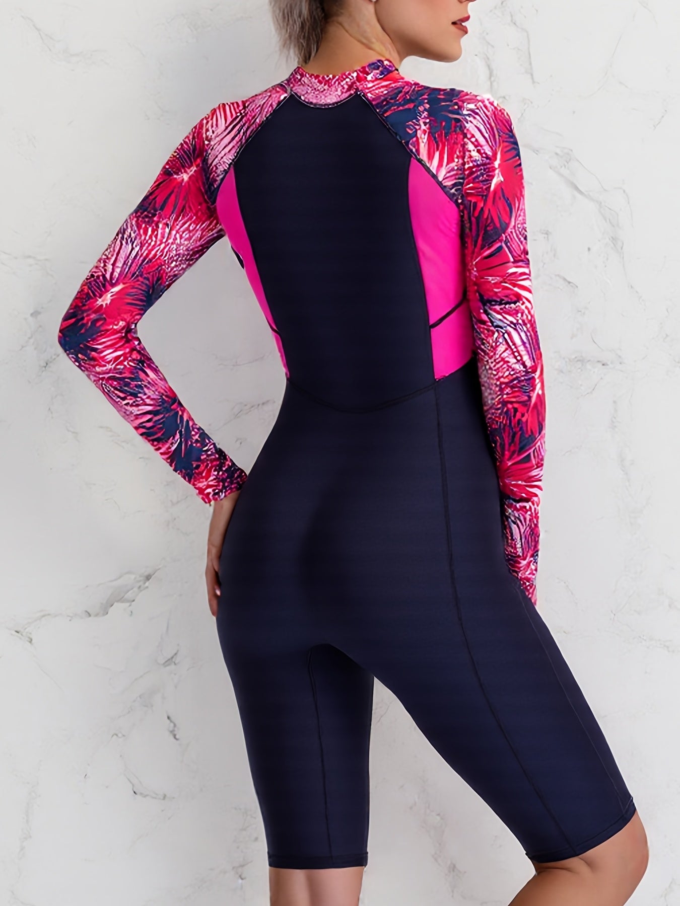 Colorblock Long Sleeves One-Piece Swimsuit Women, Zip Front Rash Guard Round Neck Tummy Control Bathing Suit, Women's Swimwear & Clothing -