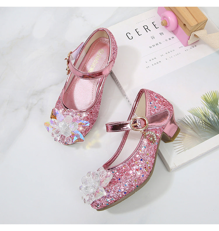 Girls' Elsa Princess High Heel Pumps - Sparkling Glitter Block Heel Shoes with Floral Embellishments, Lightweight Faux Cover for Spring & Fall, Weddings, Parties, Casual Wear, Shoes for Girls, Wedding Guest Shoes, Elegant Sho -