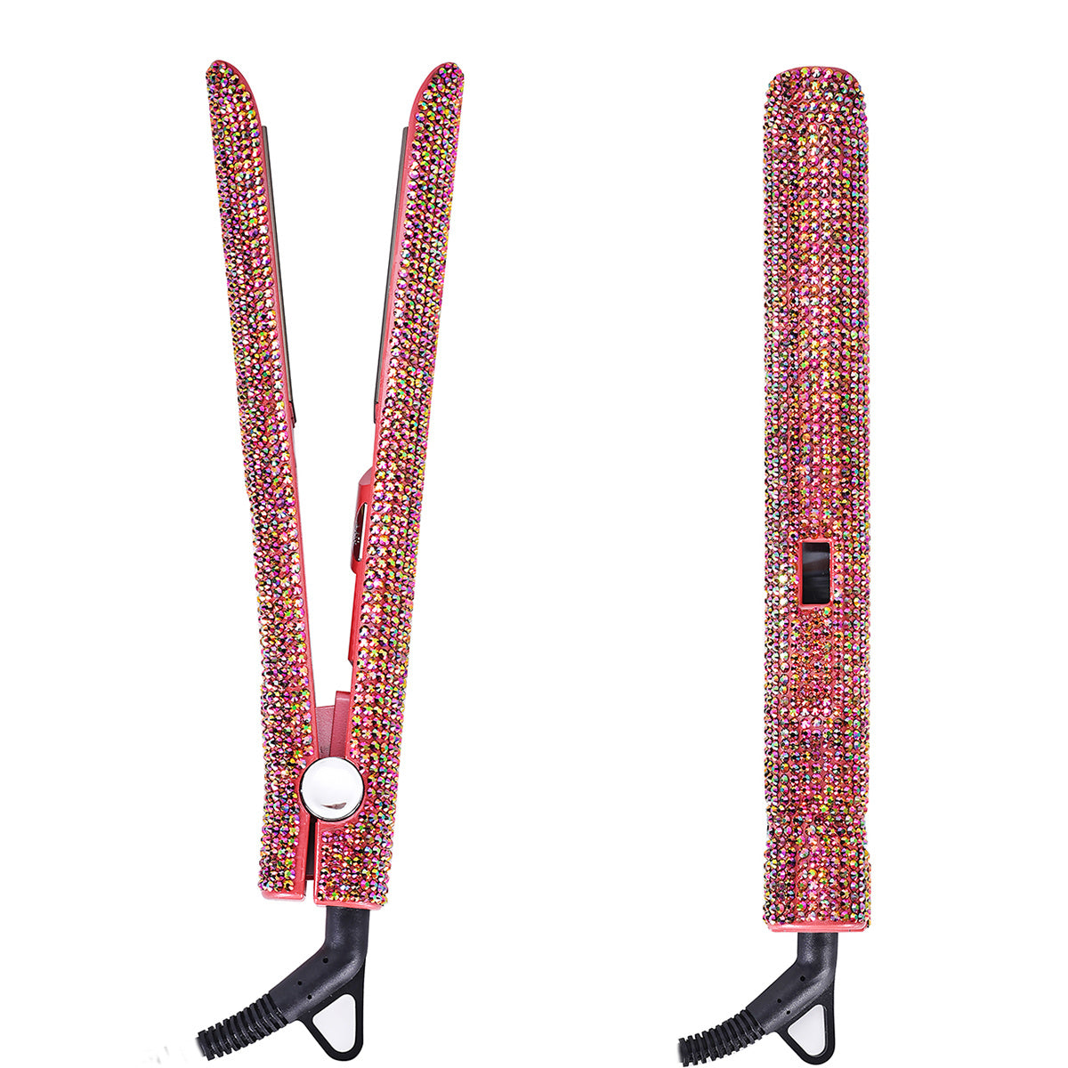 Style like a pro with this 2-in-1 professional hair straightener and curler, encrusted for that extra glam! -