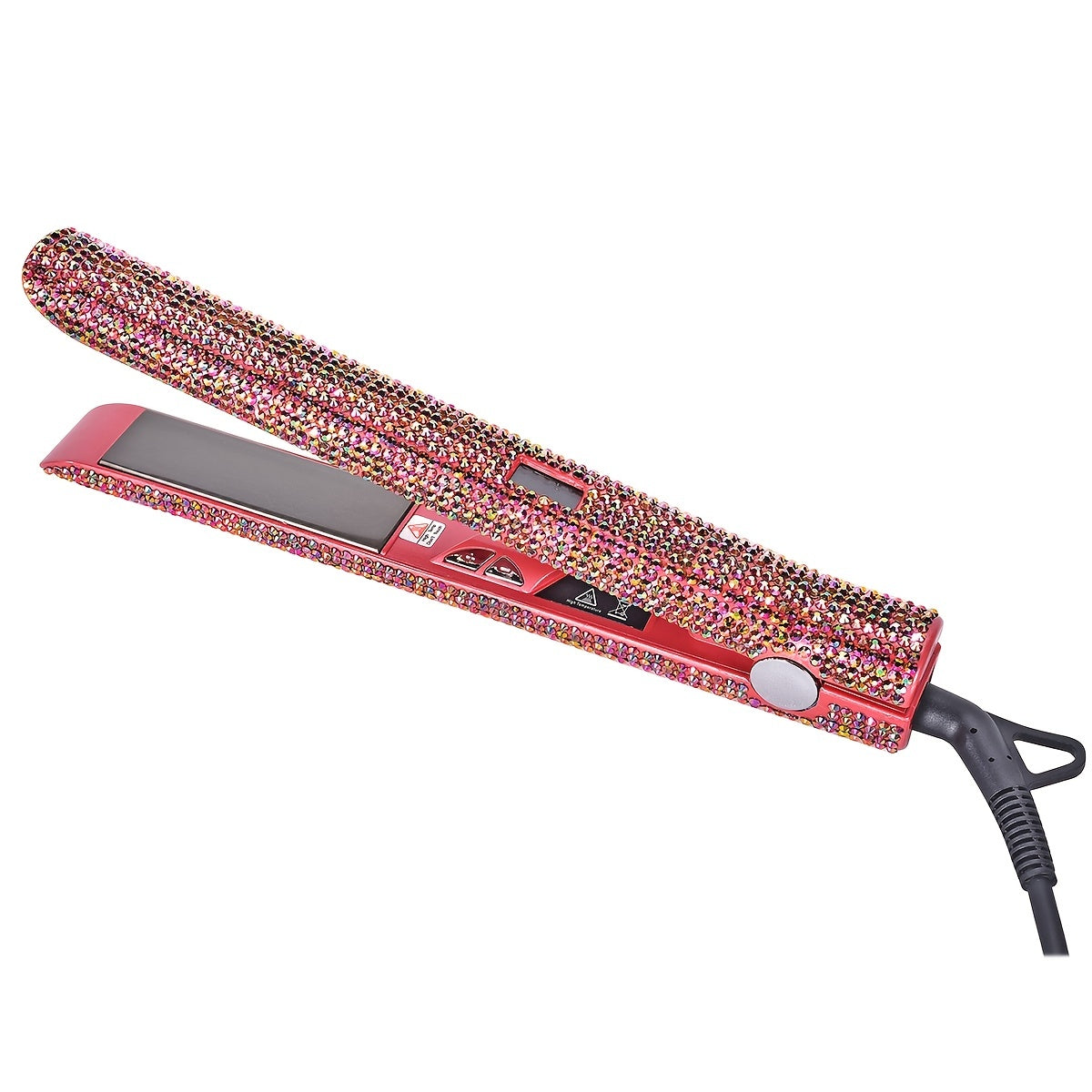 Style like a pro with this 2-in-1 professional hair straightener and curler, encrusted for that extra glam! -