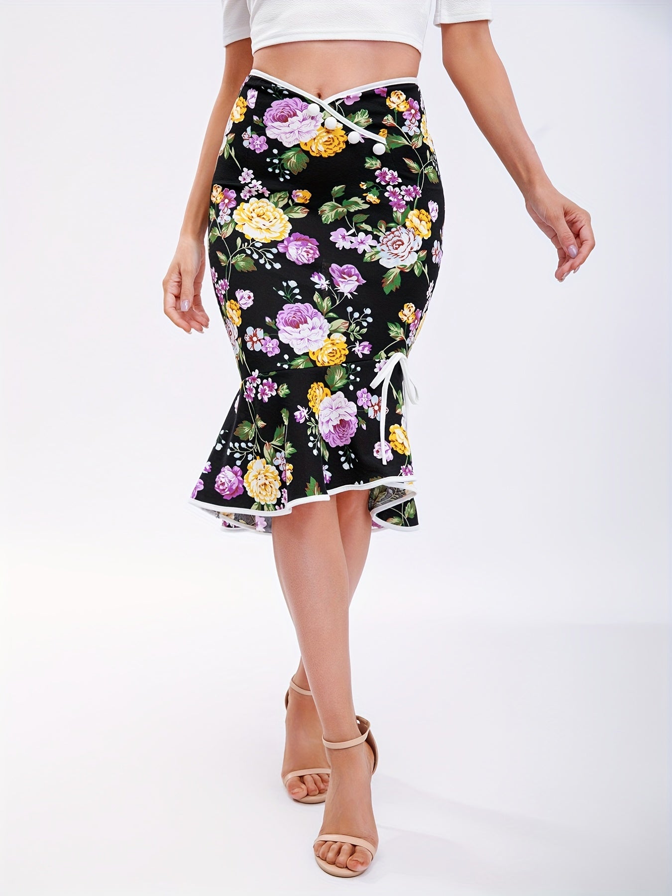 Polka Dot Bodycon Button Lace Up Skirts, Sexy Mature Fishtail Party Skirts, Women's Clothing -