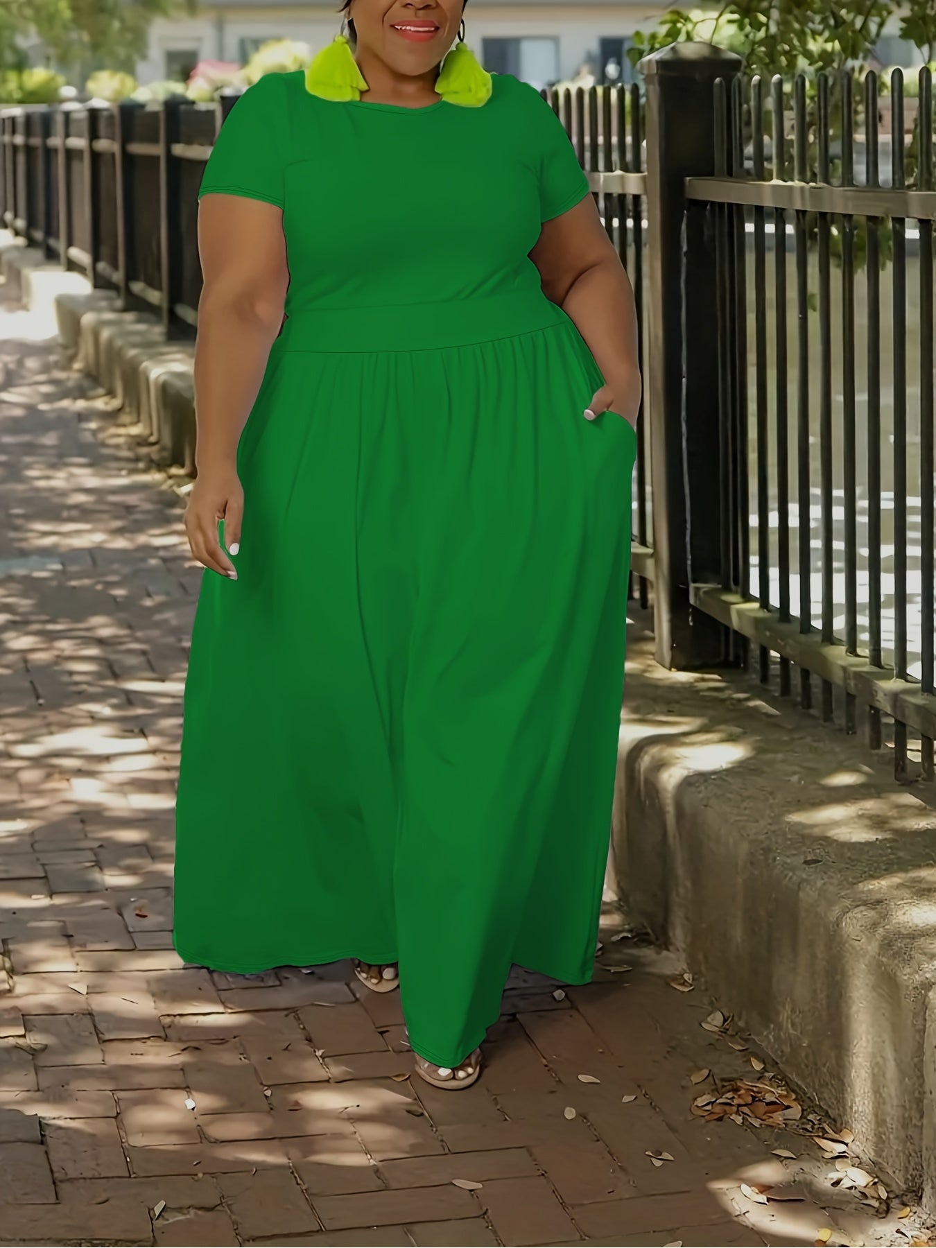 Plus Size Solid Short Sleeve Maxi Dress, Women's Plus Medium Stretch Elegant Long Dress -