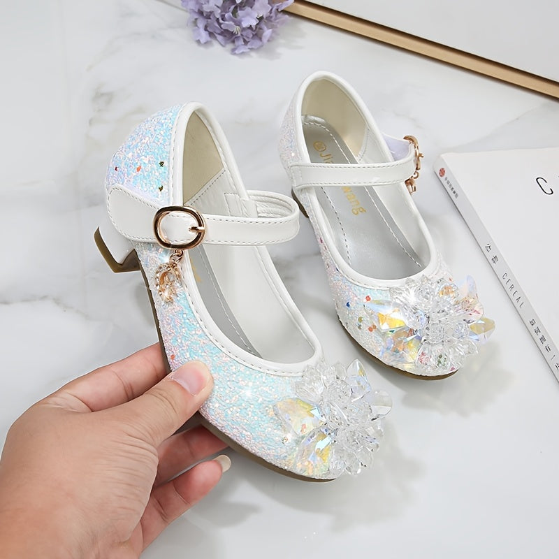 Girls' Elsa Princess High Heel Pumps - Sparkling Glitter Block Heel Shoes with Floral Embellishments, Lightweight Faux Cover for Spring & Fall, Weddings, Parties, Casual Wear, Shoes for Girls, Wedding Guest Shoes, Elegant Sho -