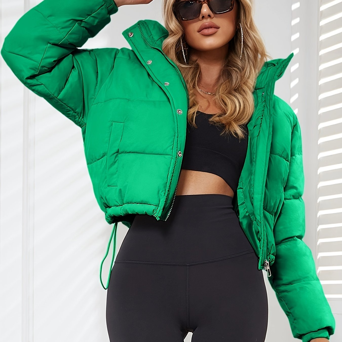 Women's Stylish Black Hooded Puffer Jacket - Casual Short Warm Outerwear with Drawstring Design, Long Sleeves, and Button-Up Front for Winter Comfort, Winter Jacket -
