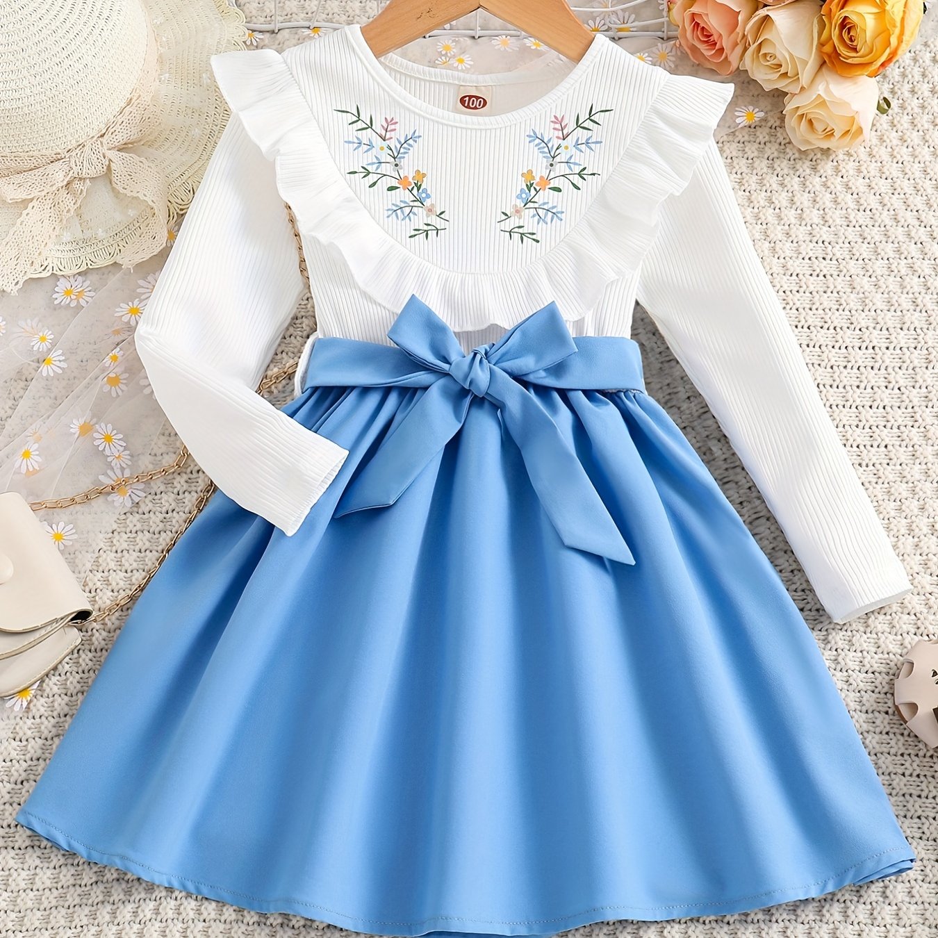 Girls' Floral Print Long Sleeve Dress with Belt - Knee-Length Round Neck Casual Outfit, Pink & White V-Neck Design for Spring & Fall, Dresses for Girls, Seasonal Fashion, Vneck Dress, Nontransparent Fabric -