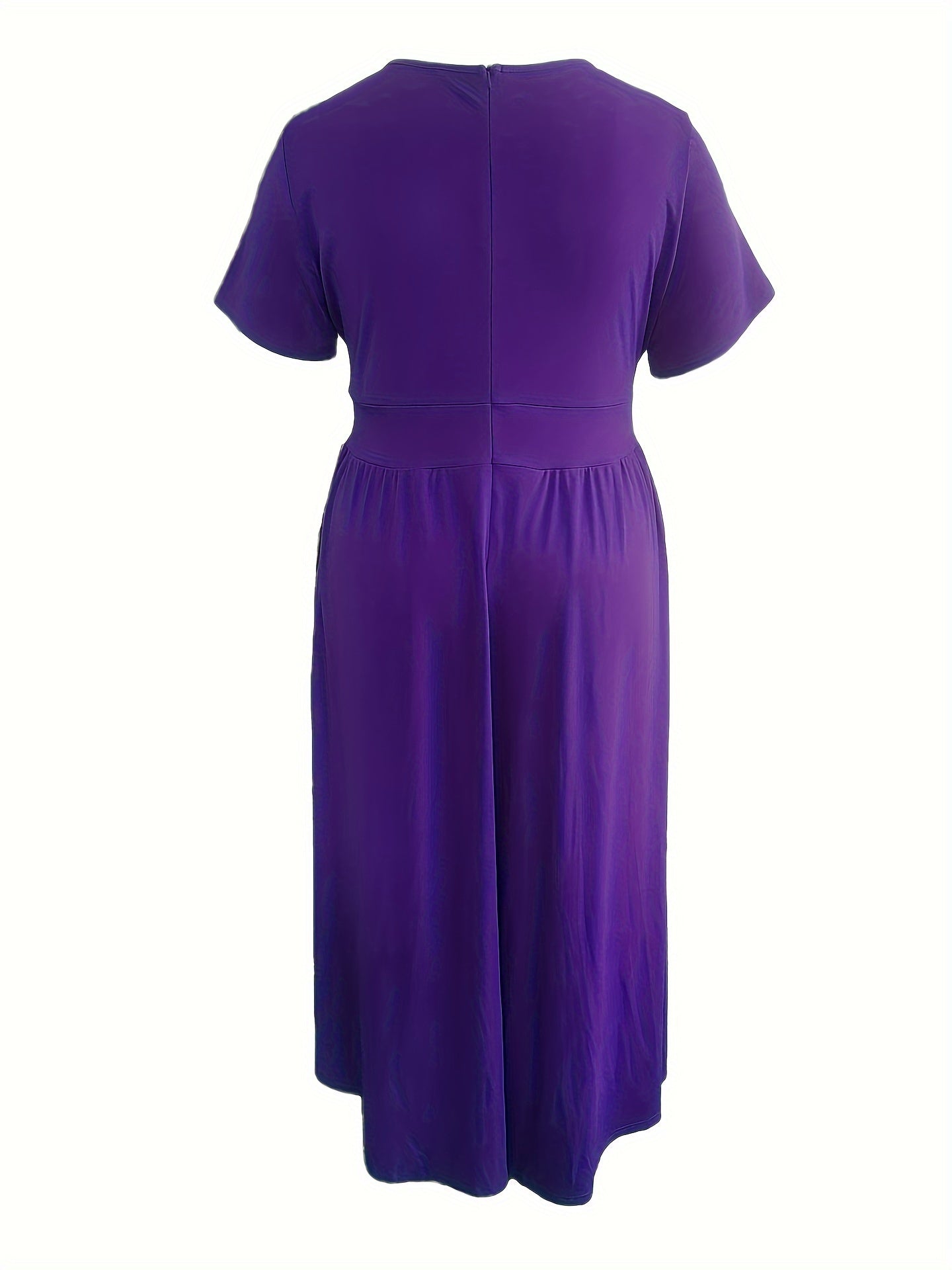 Plus Size Solid Short Sleeve Maxi Dress, Women's Plus Medium Stretch Elegant Long Dress -
