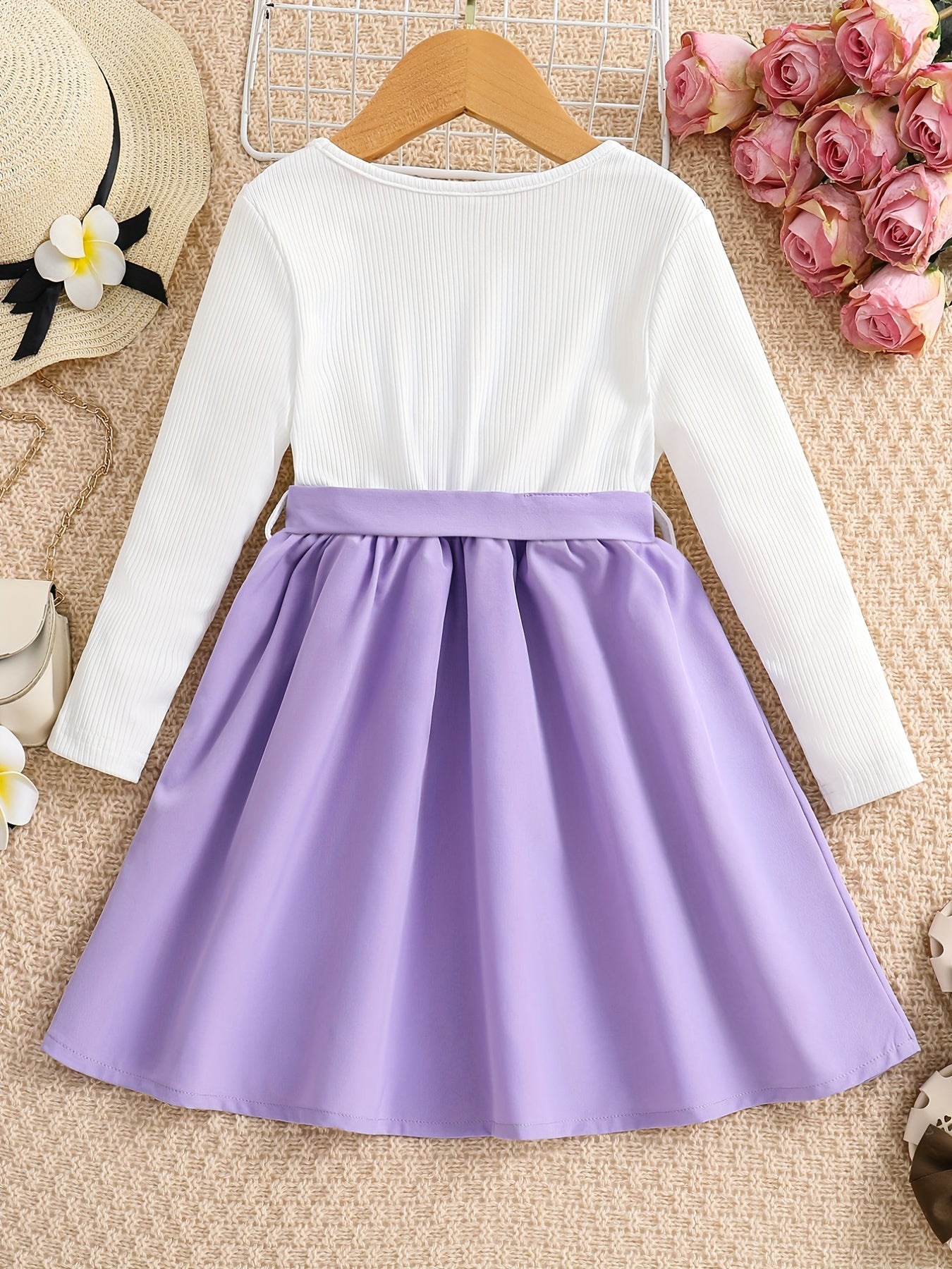 Girls' Floral Print Long Sleeve Dress with Belt - Knee-Length Round Neck Casual Outfit, Pink & White V-Neck Design for Spring & Fall, Dresses for Girls, Seasonal Fashion, Vneck Dress, Nontransparent Fabric -
