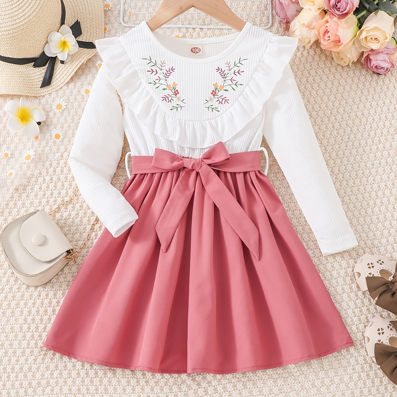 Girls' Floral Print Long Sleeve Dress with Belt - Knee-Length Round Neck Casual Outfit, Pink & White V-Neck Design for Spring & Fall, Dresses for Girls, Seasonal Fashion, Vneck Dress, Nontransparent Fabric -