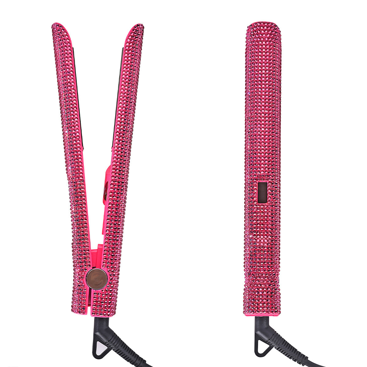 Style like a pro with this 2-in-1 professional hair straightener and curler, encrusted for that extra glam! -