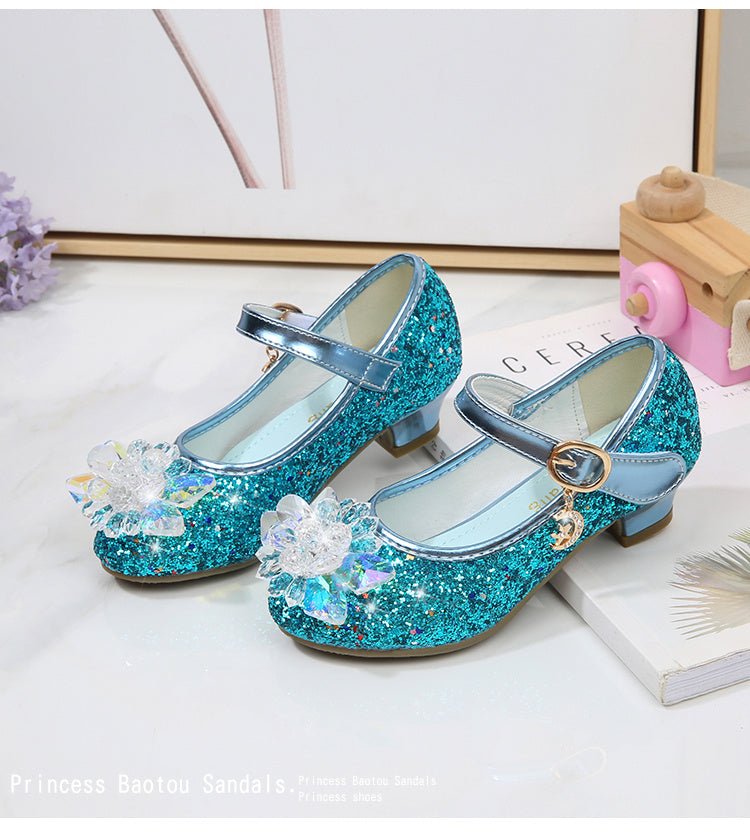 Girls' Elsa Princess High Heel Pumps - Sparkling Glitter Block Heel Shoes with Floral Embellishments, Lightweight Faux Cover for Spring & Fall, Weddings, Parties, Casual Wear, Shoes for Girls, Wedding Guest Shoes, Elegant Sho -