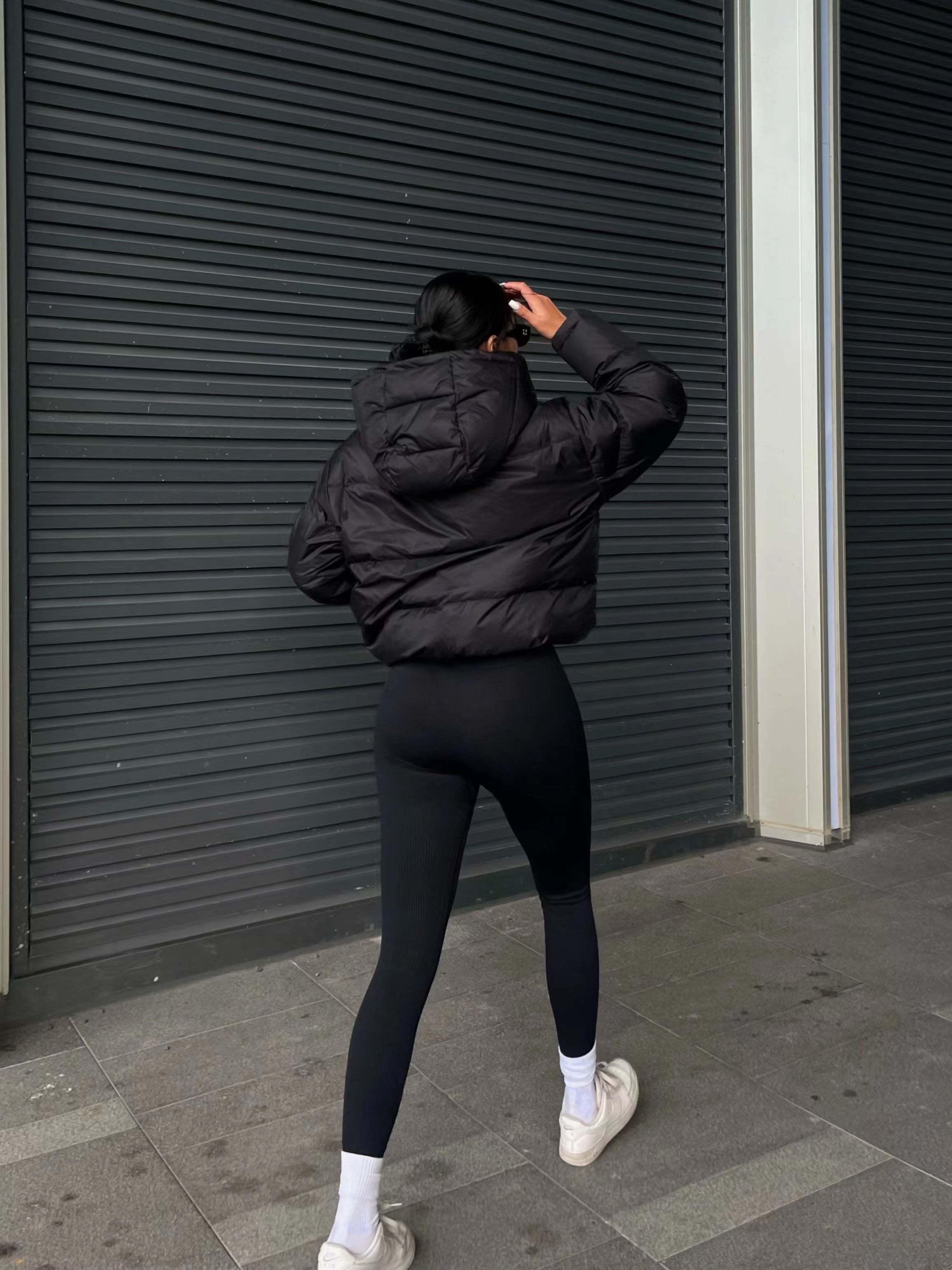 Women's Stylish Black Hooded Puffer Jacket - Casual Short Warm Outerwear with Drawstring Design, Long Sleeves, and Button-Up Front for Winter Comfort, Winter Jacket -