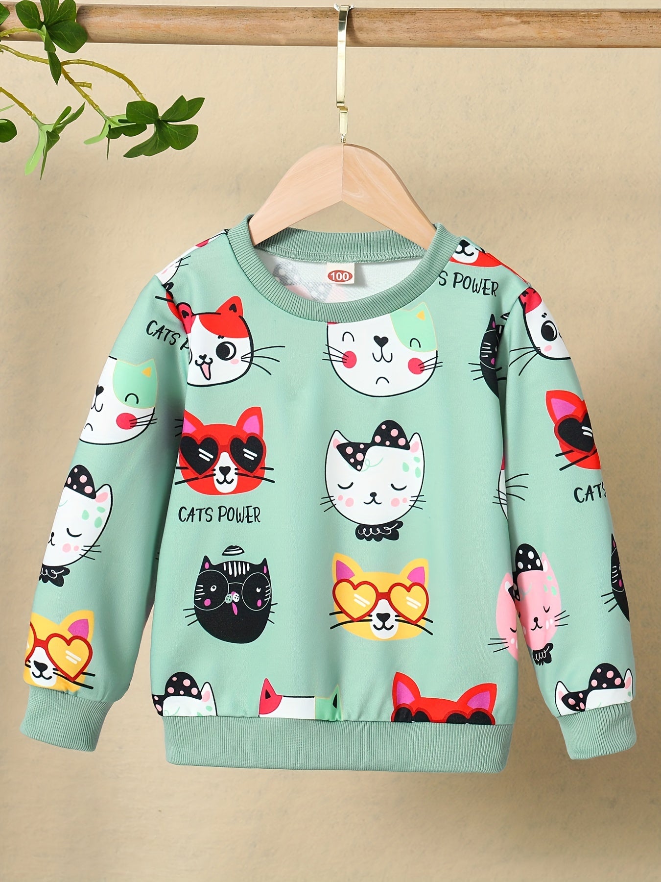 HWMFSNHFZ Girls' Lightweight Long Sleeve Cartoon Cat Print Sweatshirt - Soft Pink Crew Neck Casual Pullover for Spring & Fall, All-Season Comfort, Cute Sweaters -