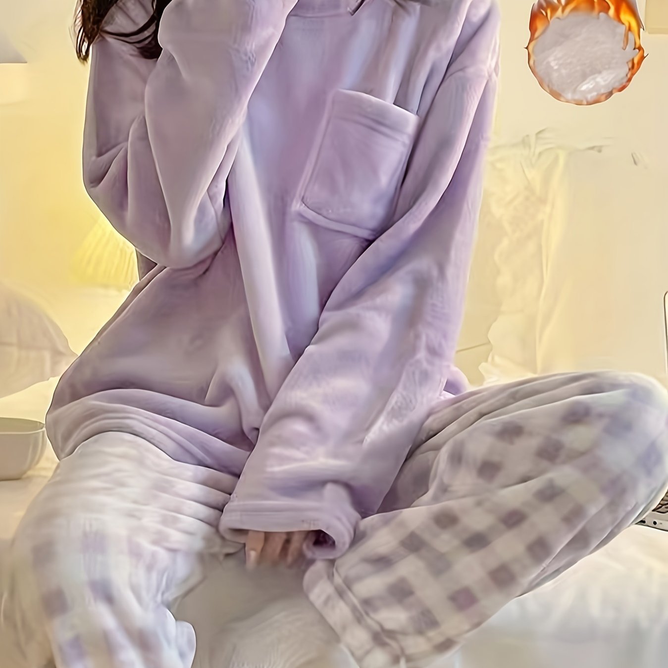 Winter Warm Velvet Pajama Set, Plaid Pattern Pajama, Solid Color Casual Home Wear Set -