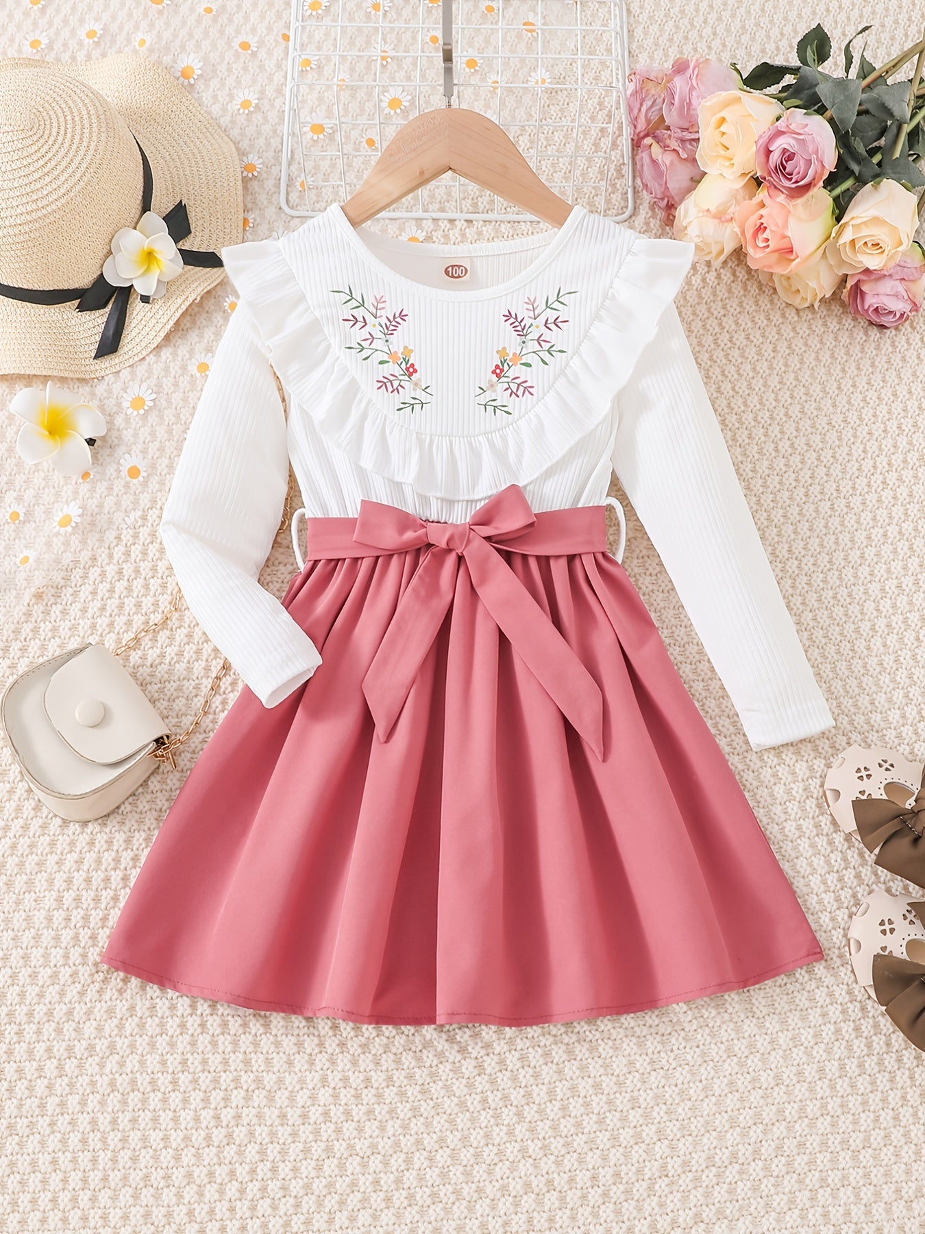 Girls' Floral Print Long Sleeve Dress with Belt - Knee-Length Round Neck Casual Outfit, Pink & White V-Neck Design for Spring & Fall, Dresses for Girls, Seasonal Fashion, Vneck Dress, Nontransparent Fabric -