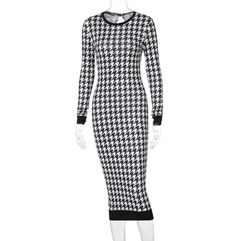 Houndstooth Print Women Long Sleeve Midi Dress -