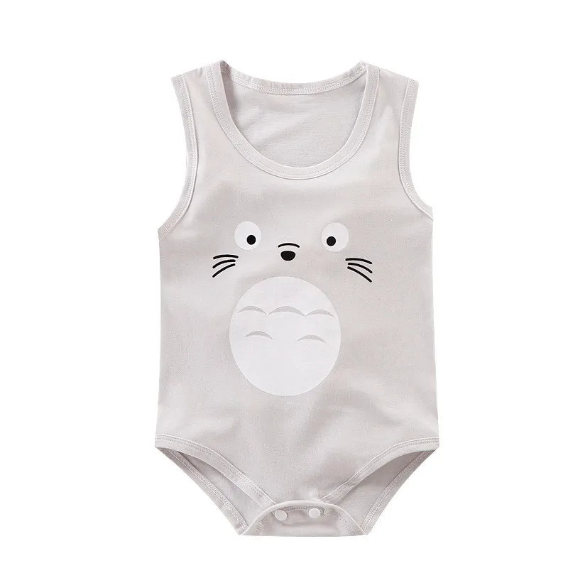 Keep your baby boy cool and comfy with this cotton sleeveles outfit featuring adorable cartoon bodysuit pajamas perfect for playtime and sleep! -
