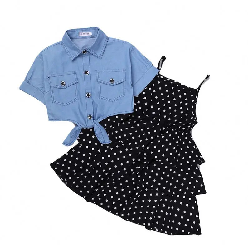 High Quality Two-Piece Girls Clothing Set Short Sleeve Denim Tops and Polka Dots Sling Dress for Summer Custom ODM Design -