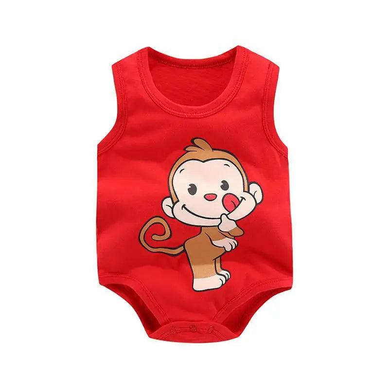 Keep your baby boy cool and comfy with this cotton sleeveles outfit featuring adorable cartoon bodysuit pajamas perfect for playtime and sleep! -