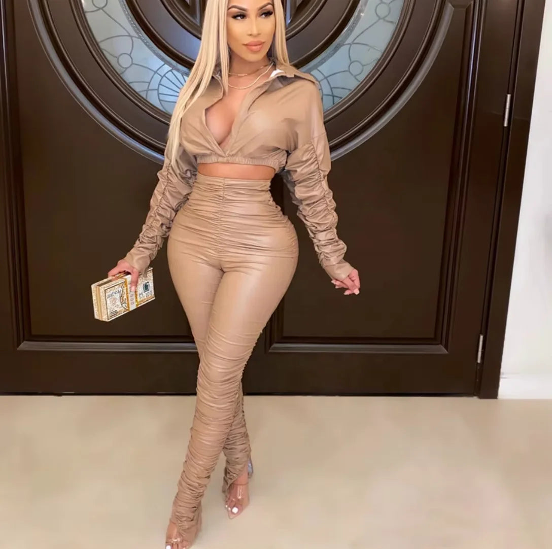 Women 2 Pieces Leather Crop Tops & Pants -