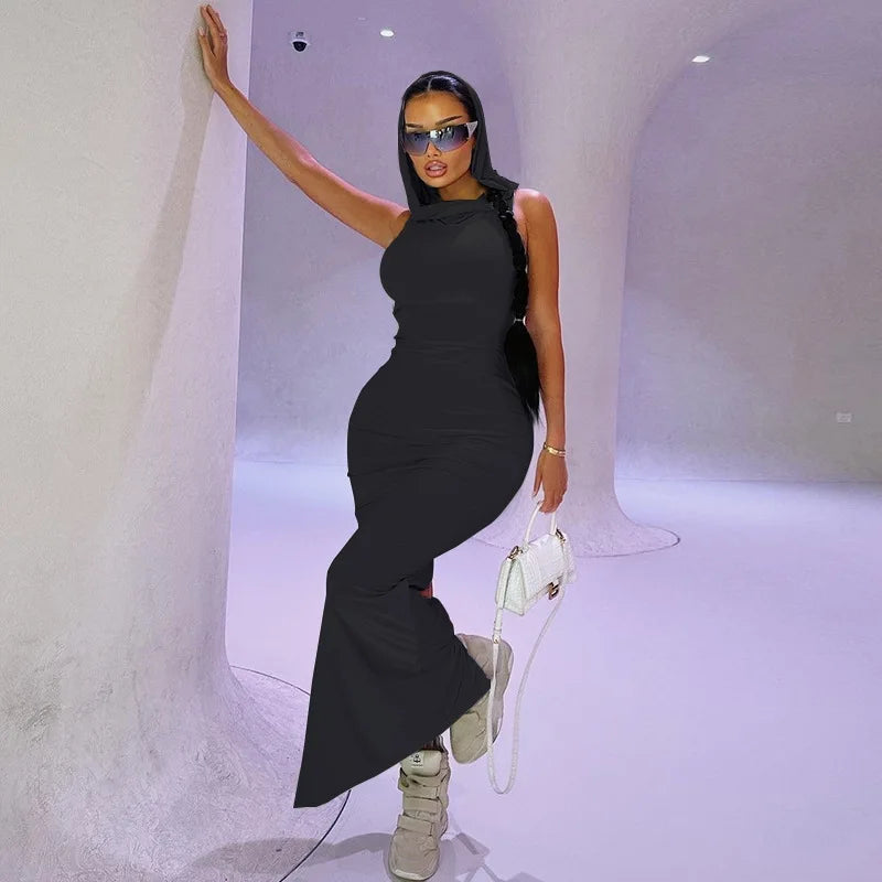 Hooded Long Sleeve Basic Split Maxi Dresses -
