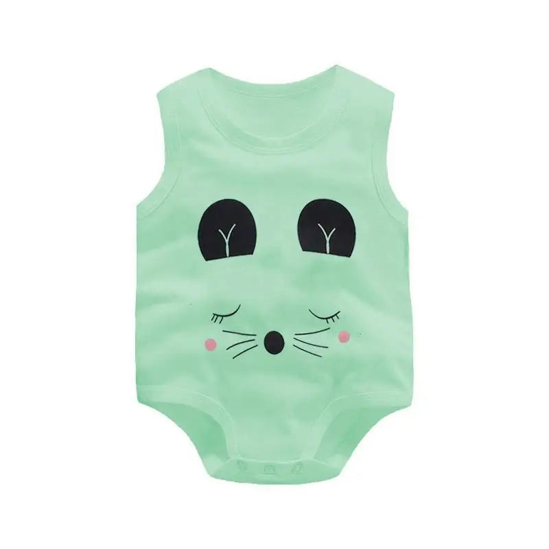 Keep your baby boy cool and comfy with this cotton sleeveles outfit featuring adorable cartoon bodysuit pajamas perfect for playtime and sleep! -