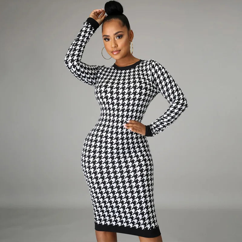 Houndstooth Print Women Long Sleeve Midi Dress -