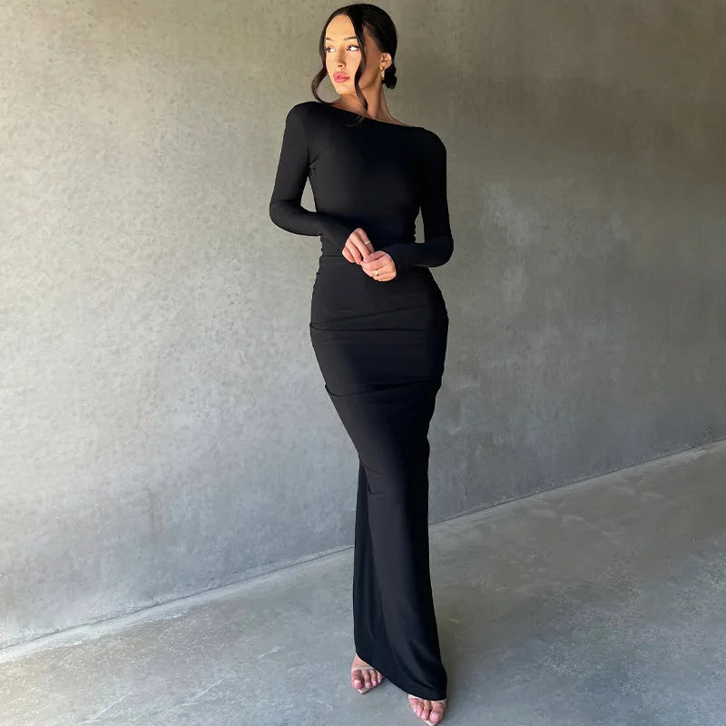 Women's Elegant Deep V-Neck Maxi Dress Long Sleeve -