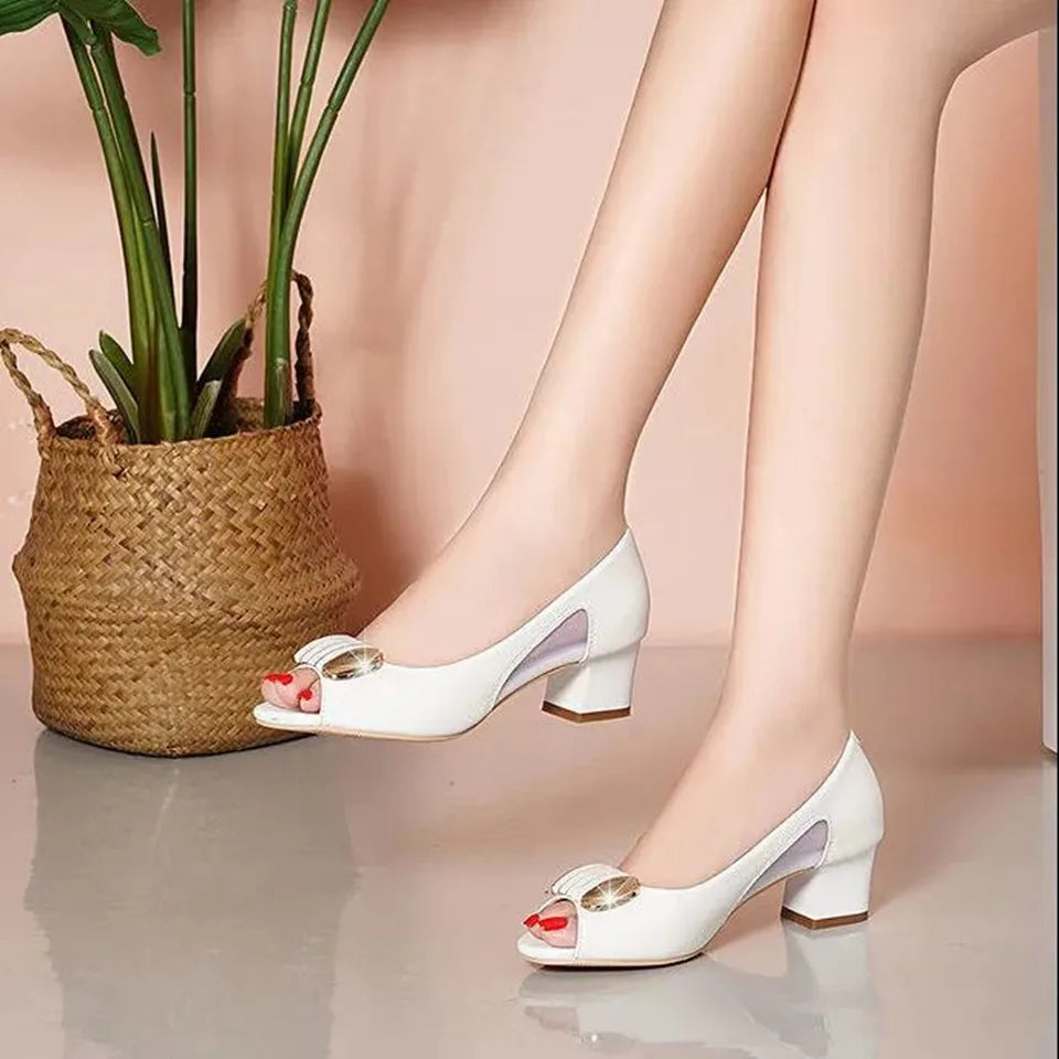 Cresfimix Women Classic High Quality White Pu Leather Peep Toe Square Heel Shoes Lady Cool Black Office Summer Heels A9841 -