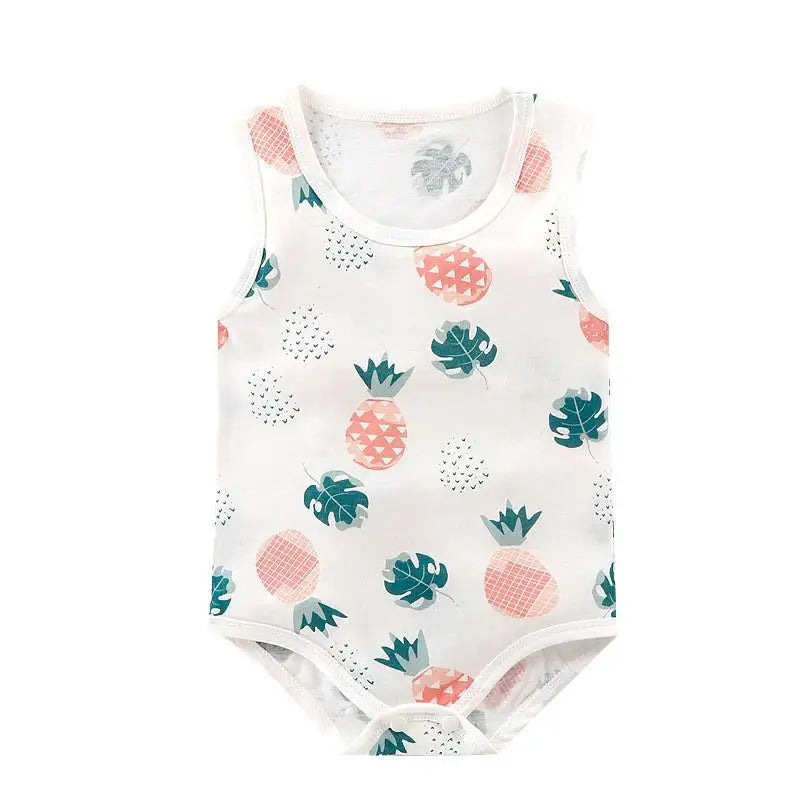 Keep your baby boy cool and comfy with this cotton sleeveles outfit featuring adorable cartoon bodysuit pajamas perfect for playtime and sleep! -
