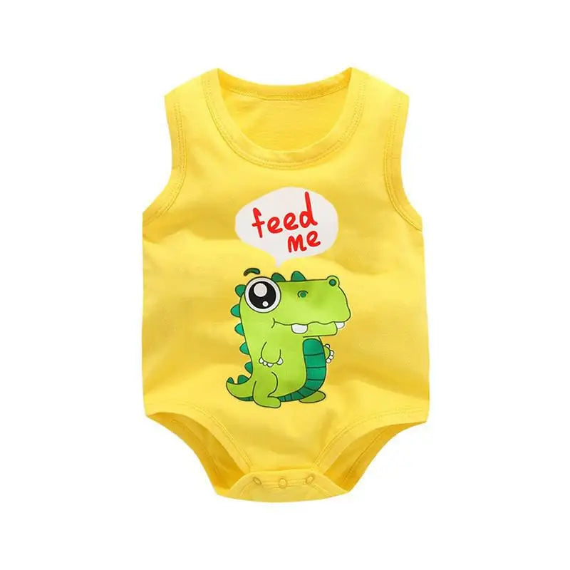 Keep your baby boy cool and comfy with this cotton sleeveles outfit featuring adorable cartoon bodysuit pajamas perfect for playtime and sleep! -