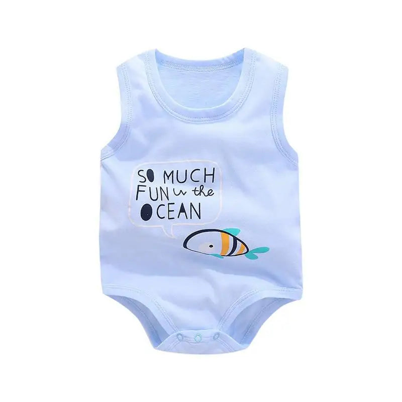 Keep your baby boy cool and comfy with this cotton sleeveles outfit featuring adorable cartoon bodysuit pajamas perfect for playtime and sleep! -