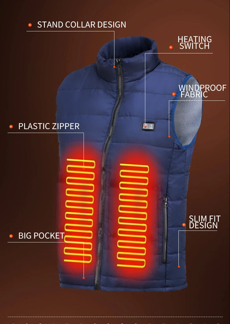 Stay warm and comfortable in cold weather with this electric heated jacket. With 9 heated vest zones and a unisex design, this heated sportswear is perfect for both men and women to stay cozy during outdoor activities in chilly conditions. -