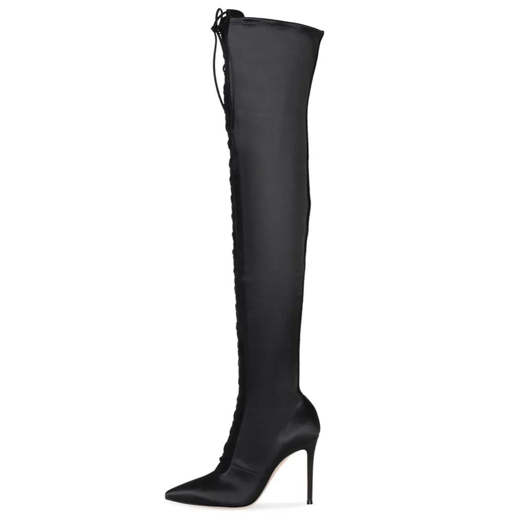 Big Size Women High Heel Thigh High Boots Ladies Heeled Winter Shoes Pointed Toe Lace up Black Satin Over the Knee High Boots -