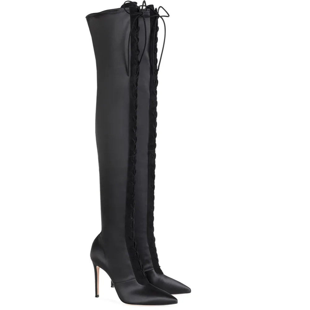 Big Size Women High Heel Thigh High Boots Ladies Heeled Winter Shoes Pointed Toe Lace up Black Satin Over the Knee High Boots -