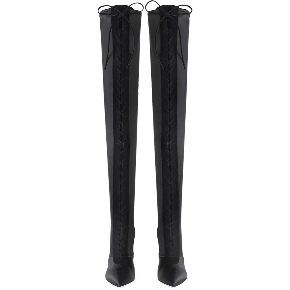 Big Size Women High Heel Thigh High Boots Ladies Heeled Winter Shoes Pointed Toe Lace up Black Satin Over the Knee High Boots -