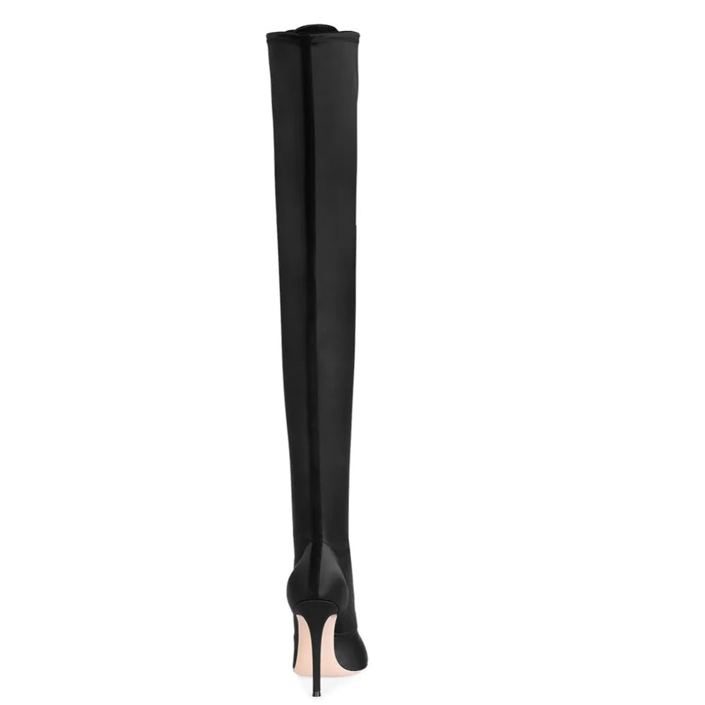 Big Size Women High Heel Thigh High Boots Ladies Heeled Winter Shoes Pointed Toe Lace up Black Satin Over the Knee High Boots -