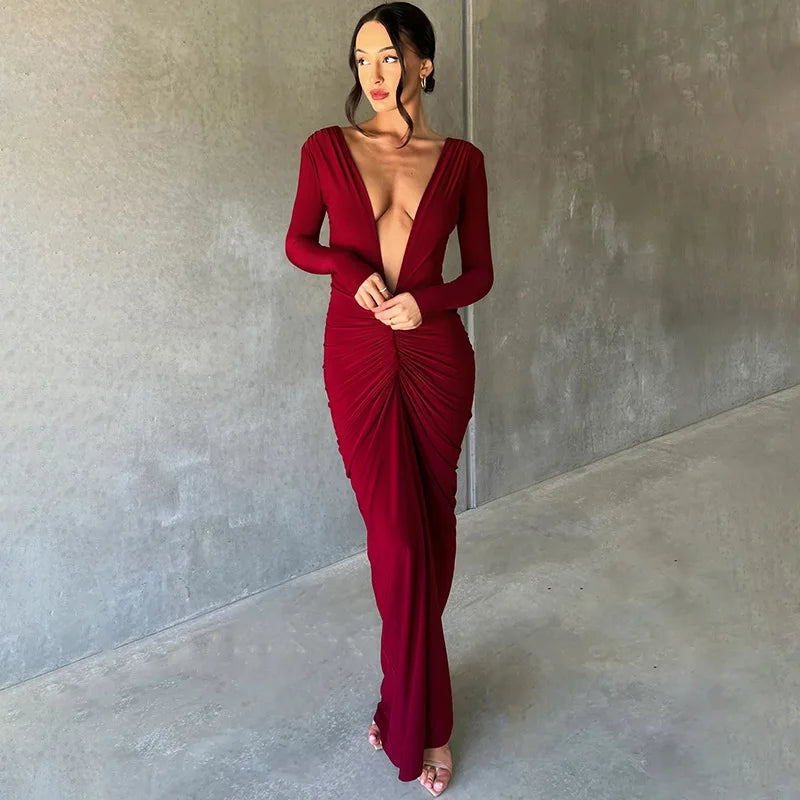 Women's Elegant Deep V-Neck Maxi Dress Long Sleeve -