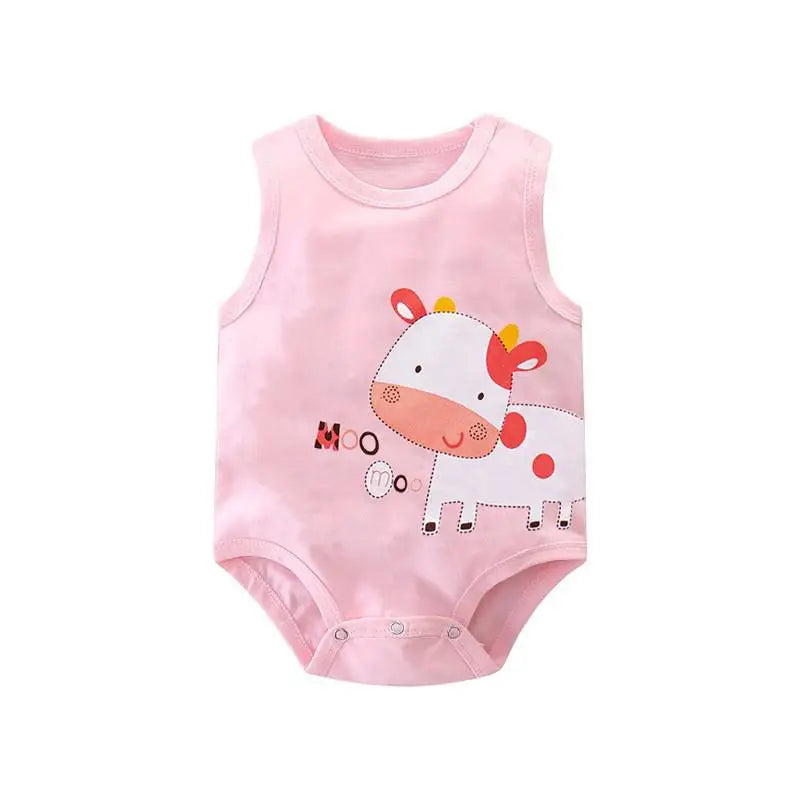 Keep your baby boy cool and comfy with this cotton sleeveles outfit featuring adorable cartoon bodysuit pajamas perfect for playtime and sleep! -