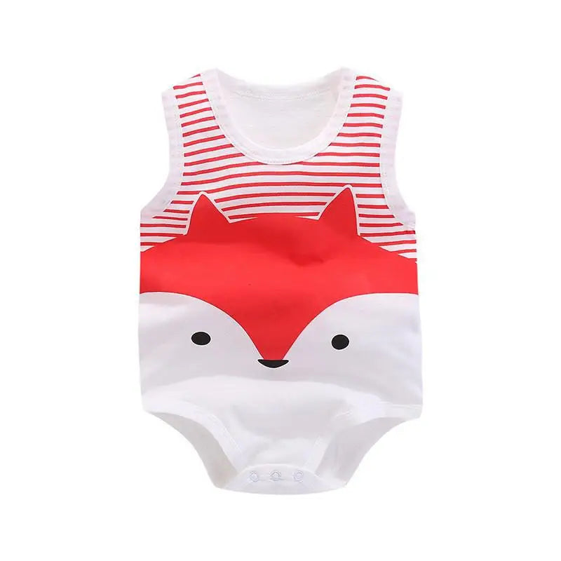 Keep your baby boy cool and comfy with this cotton sleeveles outfit featuring adorable cartoon bodysuit pajamas perfect for playtime and sleep! -
