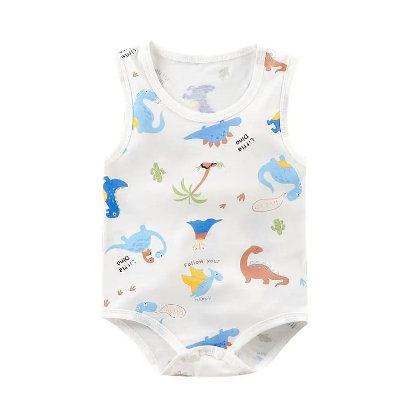 Keep your baby boy cool and comfy with this cotton sleeveles outfit featuring adorable cartoon bodysuit pajamas perfect for playtime and sleep! -