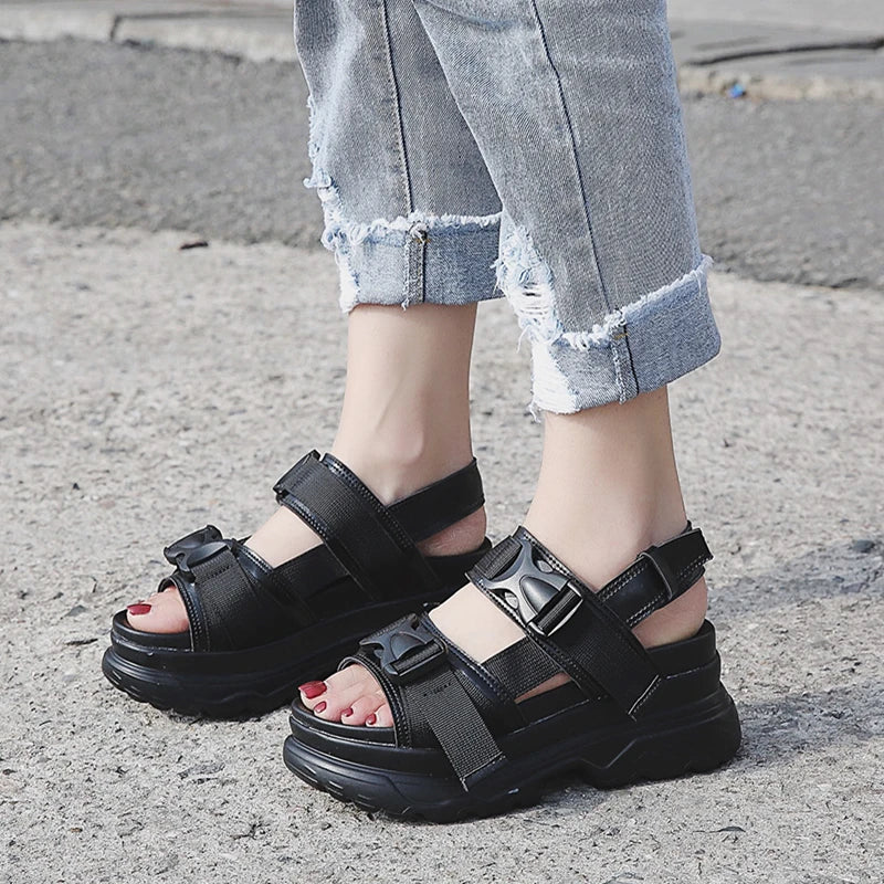 Summer Women Platform Sandals Fashion Buckle Design White 7cm Increasing Sandals Thick Sole Casual Platform Shoes Female -