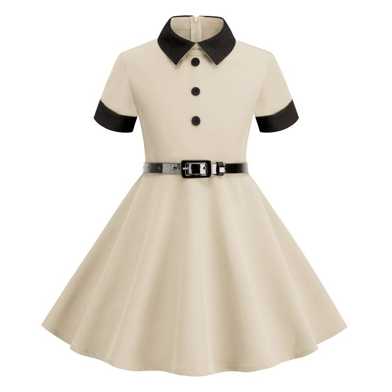 Hong Kong Style Retro Girl Western Style Polka Dot Short Sleeve Fashion Performance Costume Kids Cute Big Swing Dress European and American Summer -