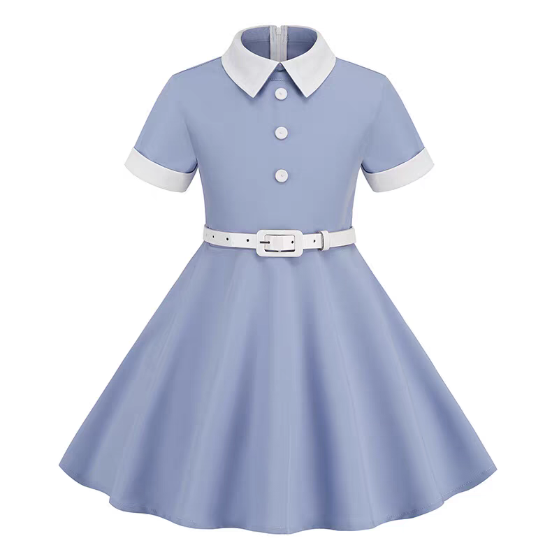 Hong Kong Style Retro Girl Western Style Polka Dot Short Sleeve Fashion Performance Costume Kids Cute Big Swing Dress European and American Summer -